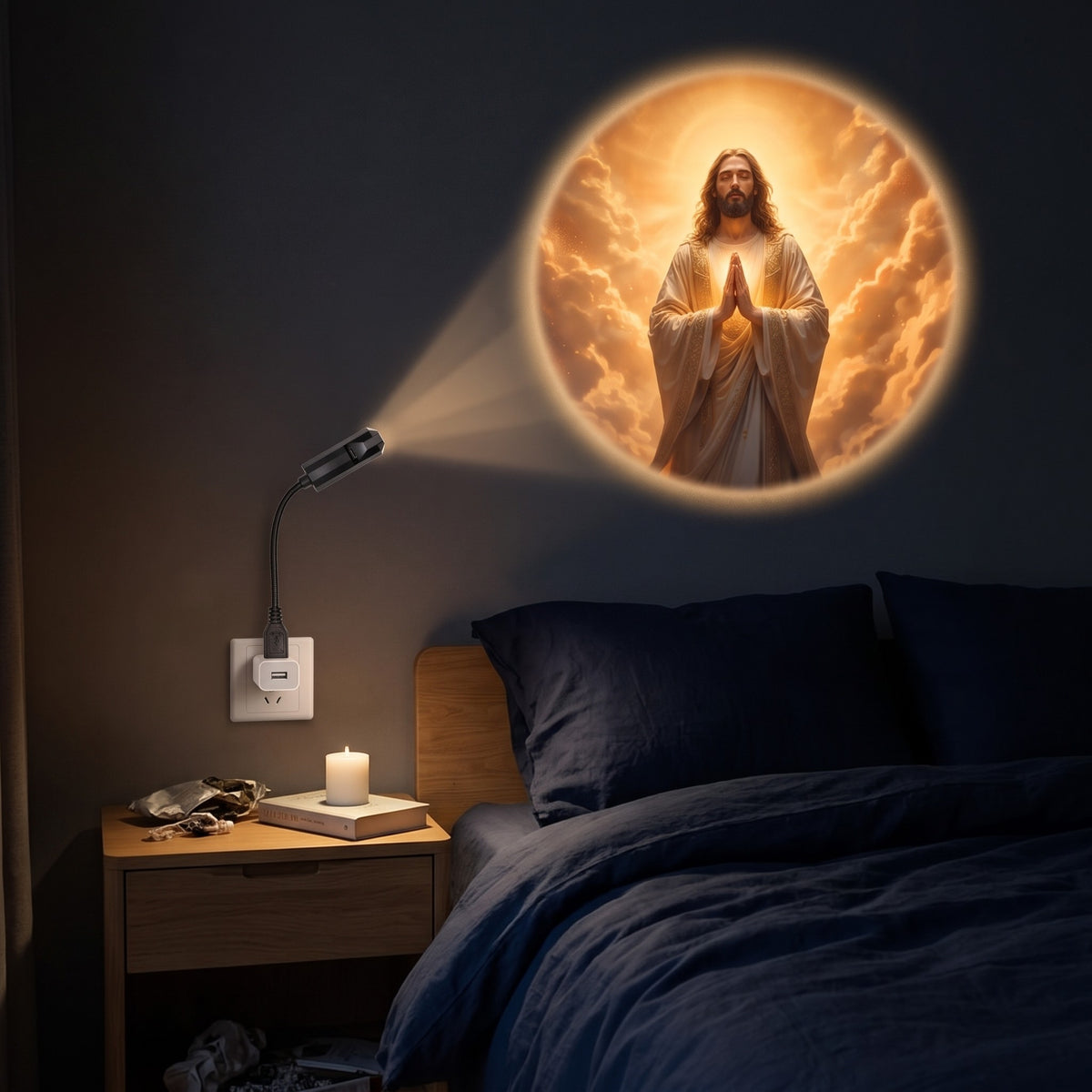 Immagine sacra proiettata sulla parete della camera